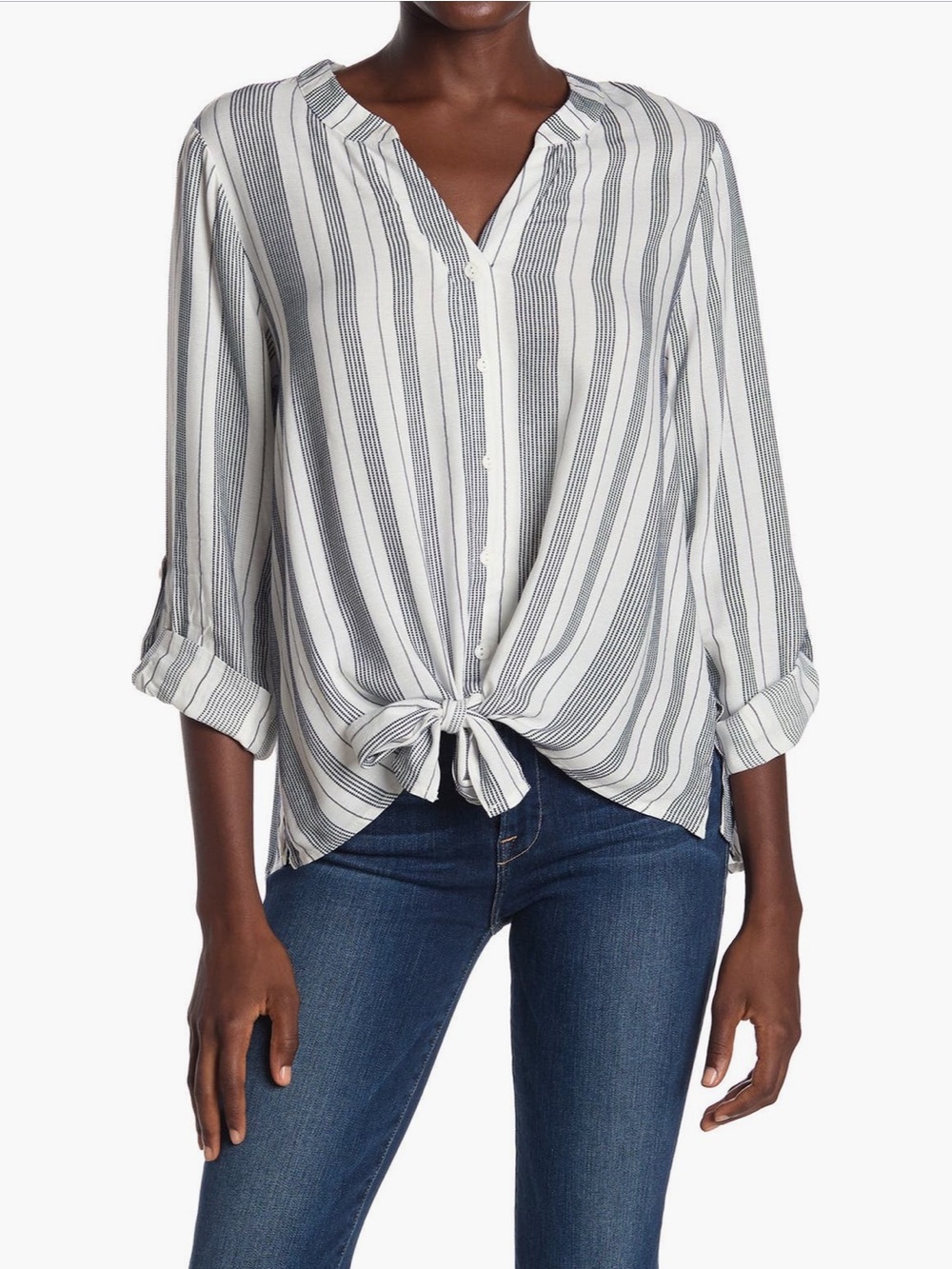 Emilia Striped Button-Down Tie-Hem Top - White & Navy, Small NWT